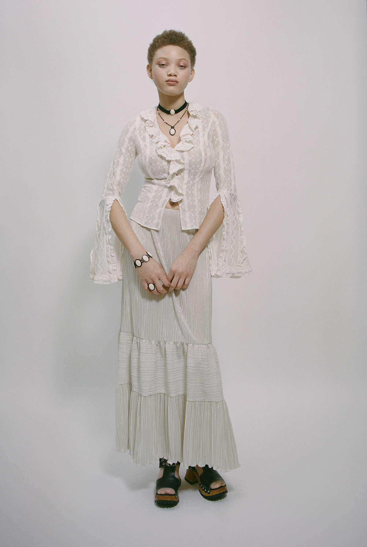 Plissé Tiered Maxi Skirt - Cream | Anna Sui