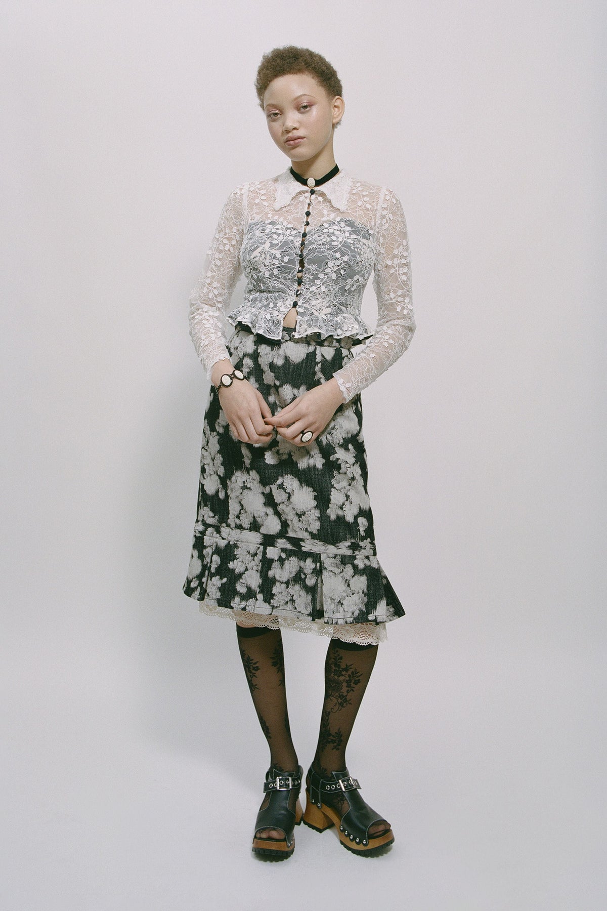 Rose Illusion Denim Lace Trimmed Skirt | Anna Sui
