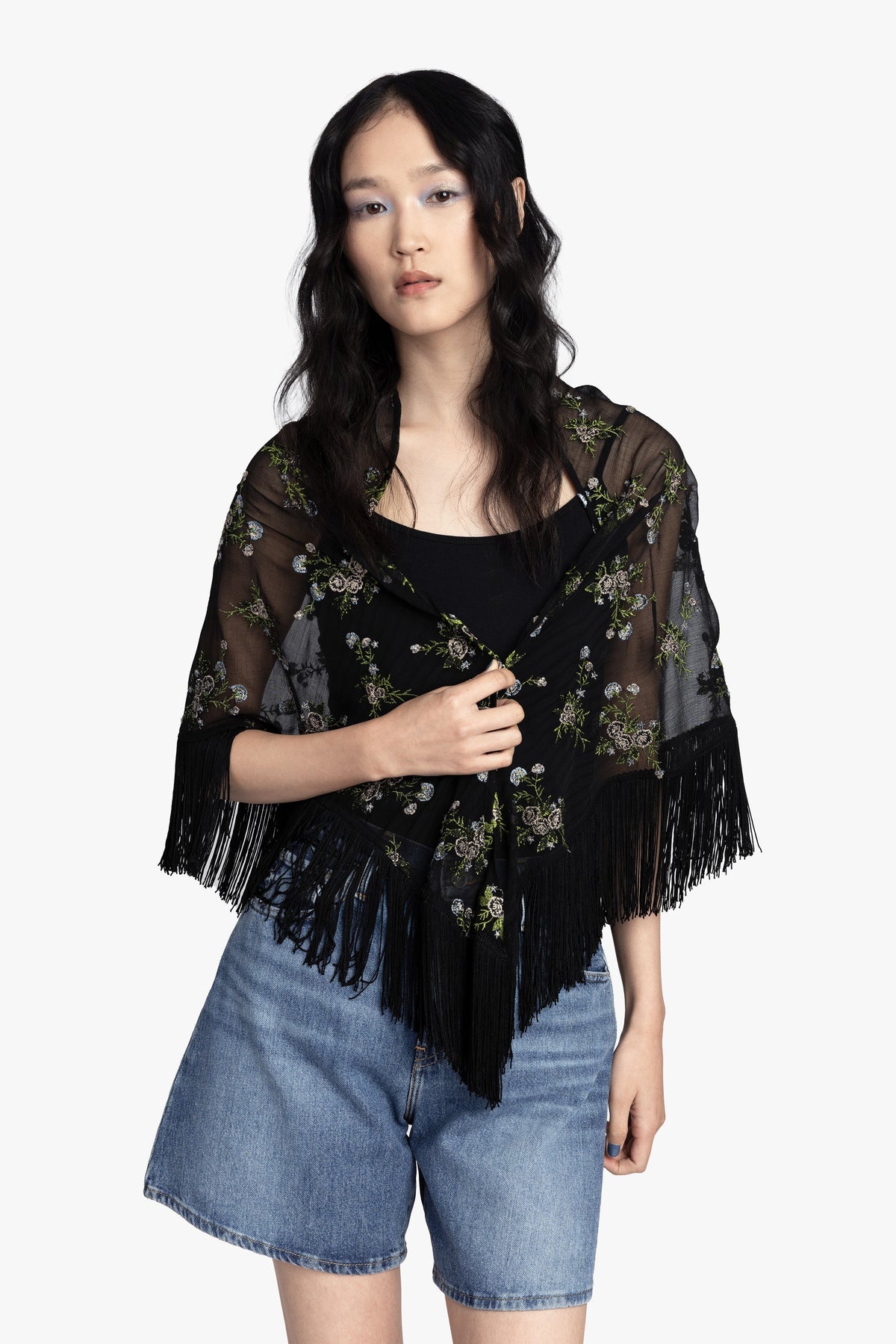 Bluebell Embroidered Chiffon Fringe Shawl | Anna Sui