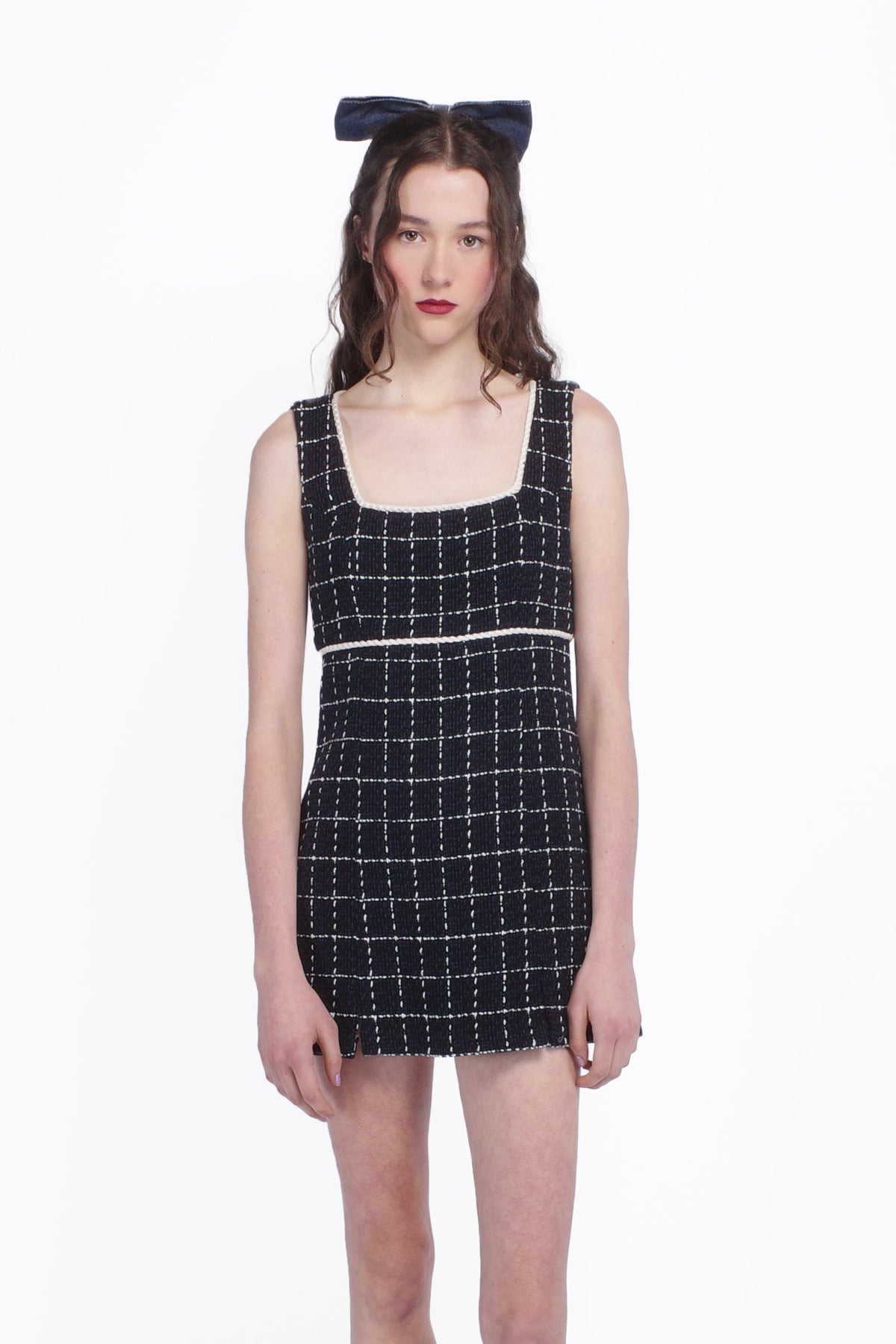 Windowpane Tweed Square Neck Mini Dress | Anna Sui