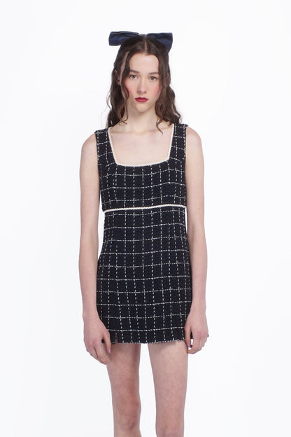 Windowpane Tweed Square Neck Mini Dress | Anna Sui