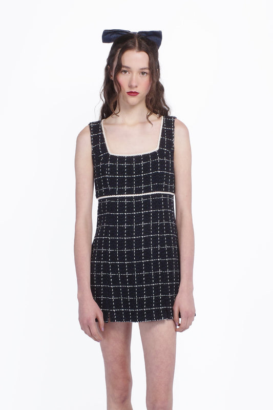 Windowpane Tweed Square Neck Mini Dress | Anna Sui