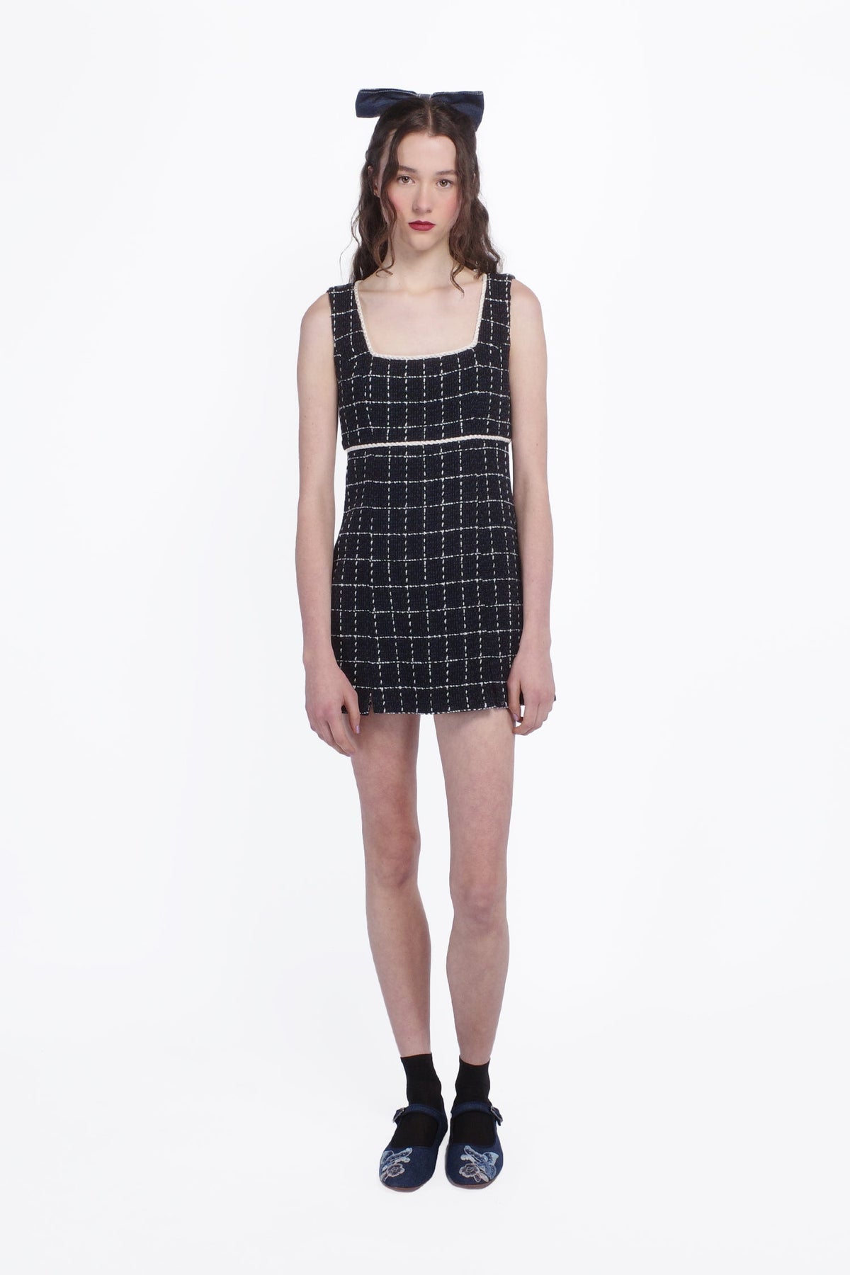 Windowpane Tweed Square Neck Mini Dress | Anna Sui