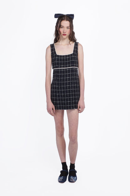 Windowpane Tweed Square Neck Mini Dress | Anna Sui