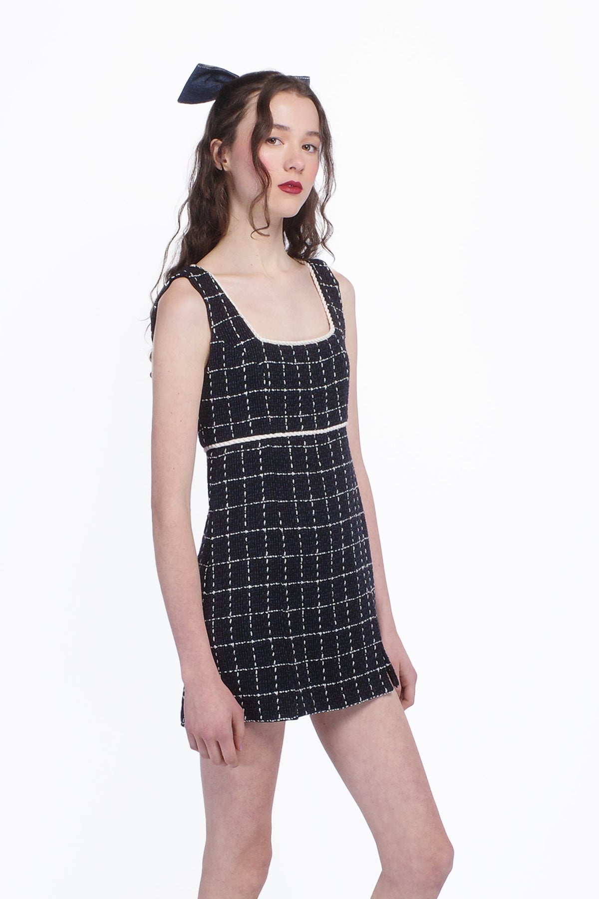Windowpane Tweed Square Neck Mini Dress | Anna Sui