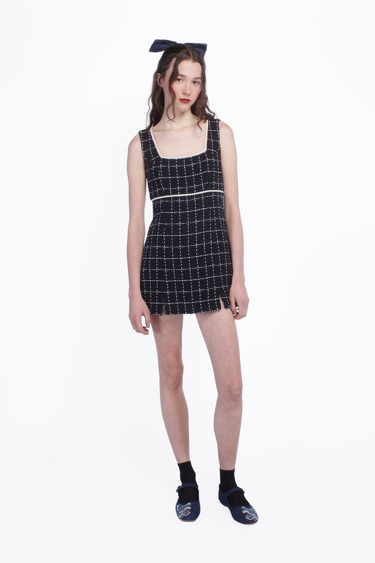Windowpane Tweed Square Neck Mini Dress | Anna Sui