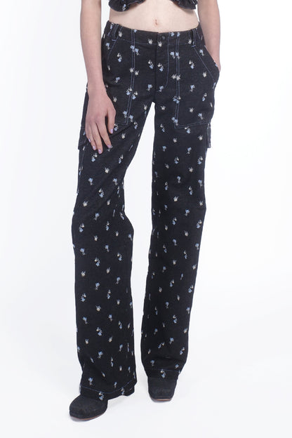 Denim Embroidered Roses Cargo Pants | Anna Sui