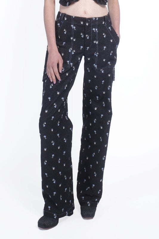 Denim Embroidered Roses Cargo Pants | Anna Sui