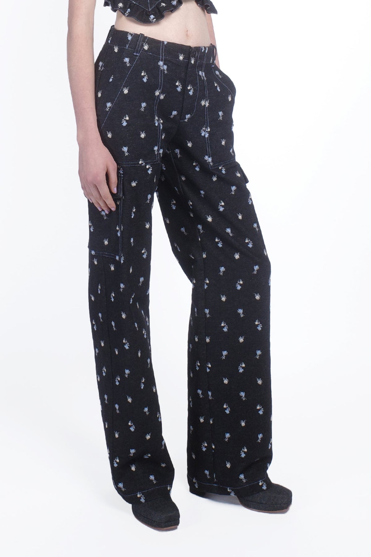 Denim Embroidered Roses Cargo Pants | Anna Sui
