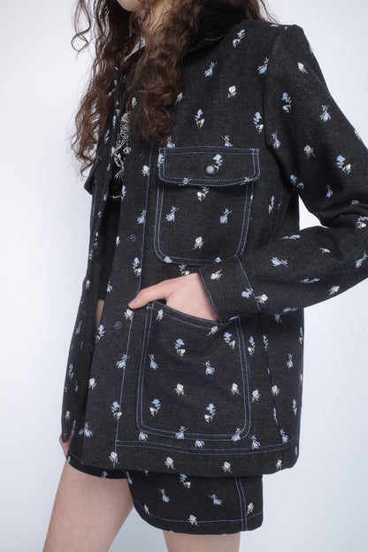 Denim Embroidered Roses Barn Jacket | Anna Sui