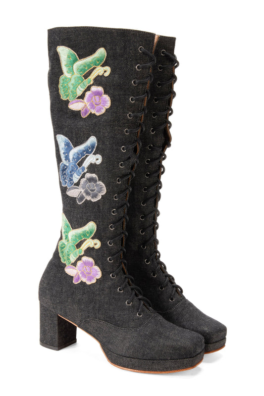 John Fluevog x Anna Sui Butterfly Boots - Black Denim | Anna Sui