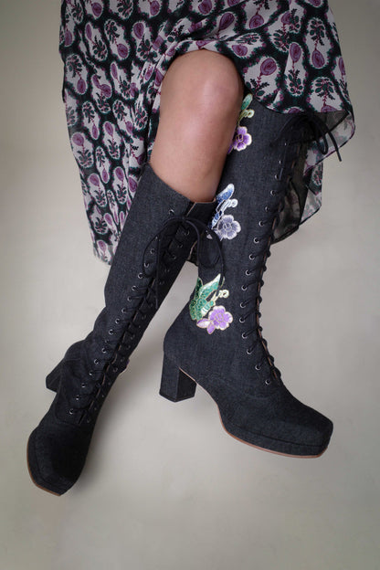 John Fluevog x Anna Sui Butterfly Boots - Black Denim | Anna Sui