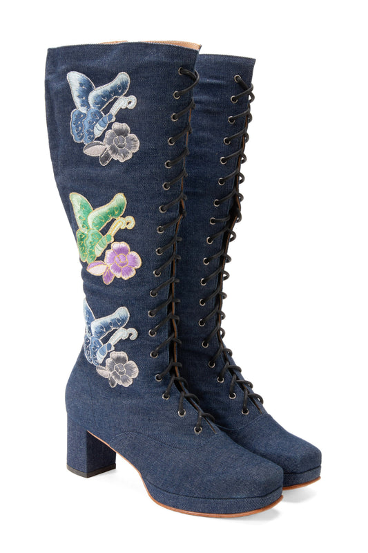 John Fluevog x Anna Sui Butterfly Boots - Denim Blue | Anna Sui