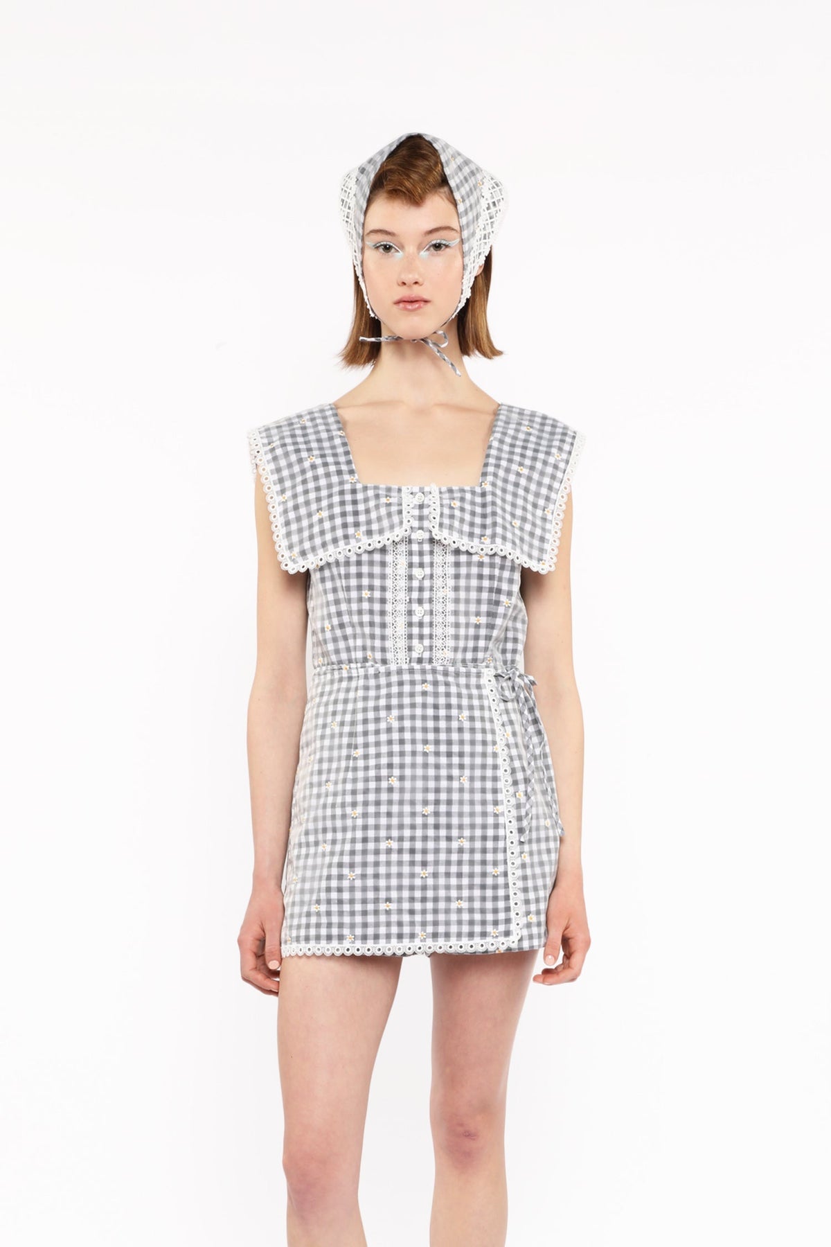 Daisy Embroidery on Gingham Tie Romper | Anna Sui