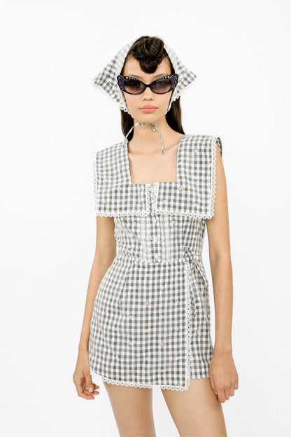 Daisy Embroidery on Gingham Tie Romper | Anna Sui