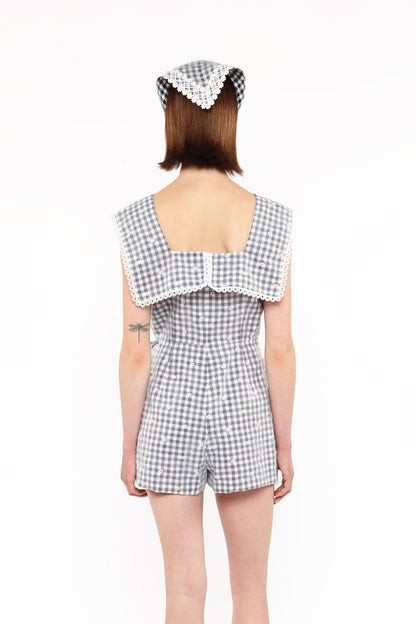 Daisy Embroidery on Gingham Tie Romper | Anna Sui