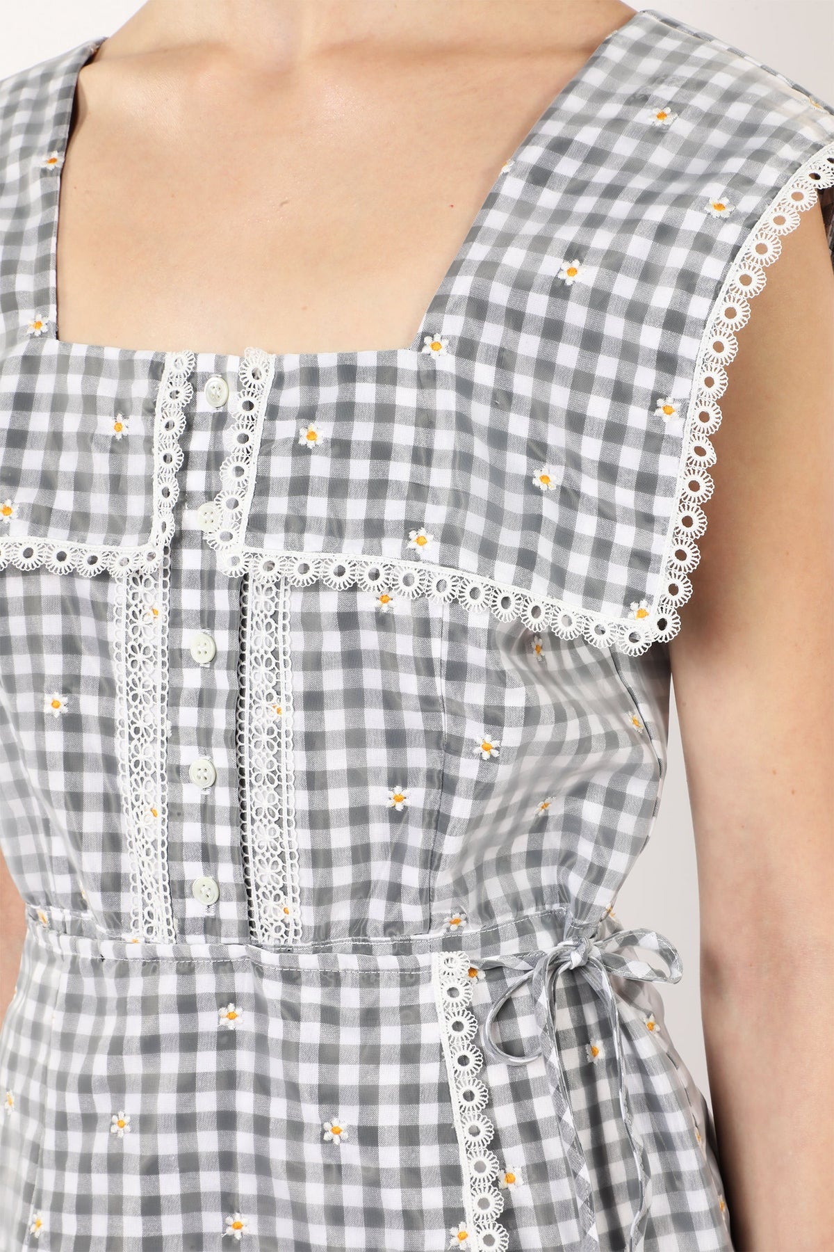 Daisy Embroidery on Gingham Tie Romper | Anna Sui