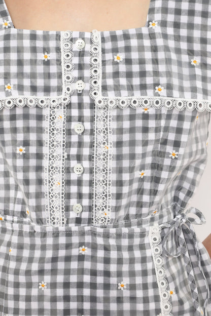 Daisy Embroidery on Gingham Tie Romper | Anna Sui