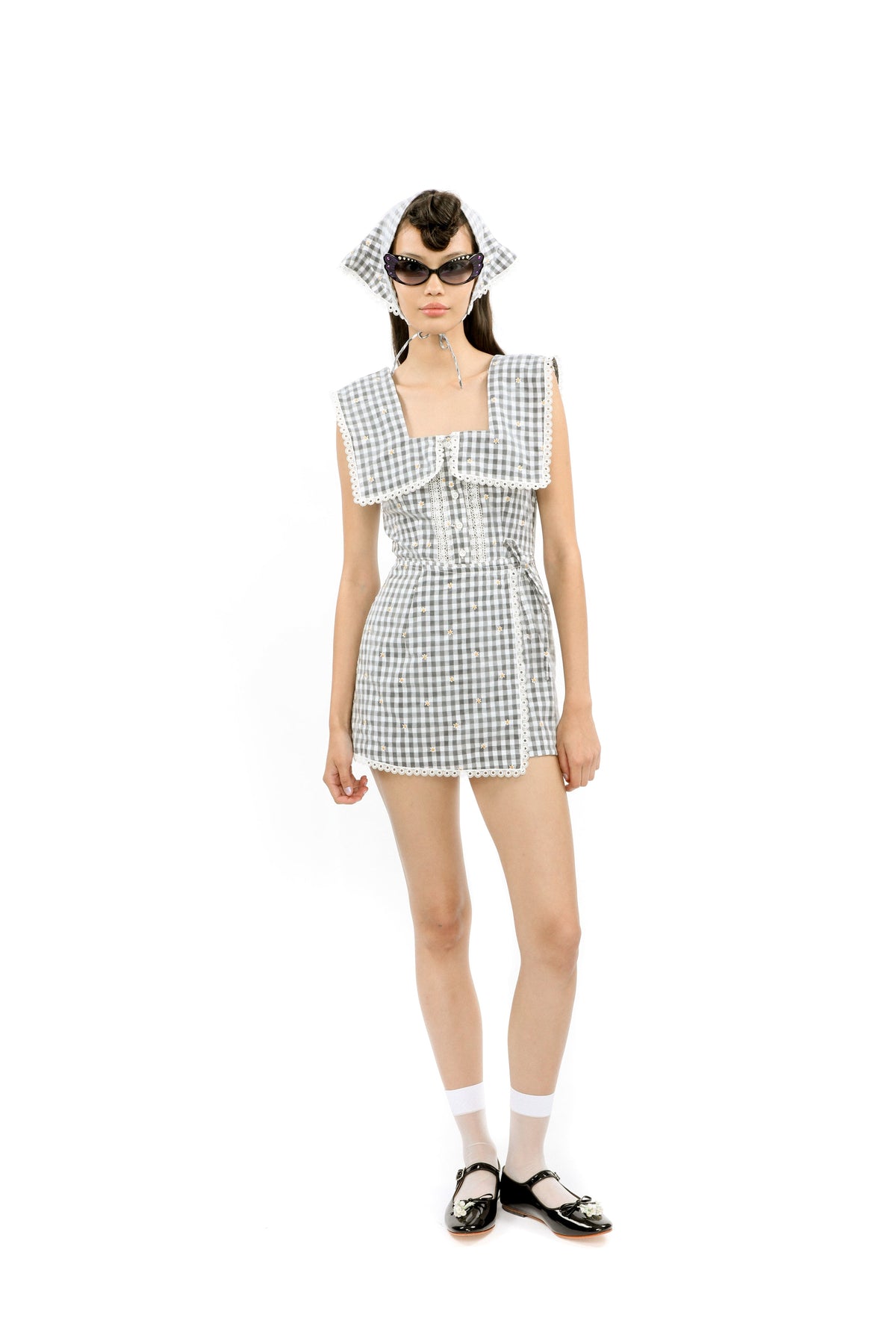 Daisy Embroidery on Gingham Tie Romper | Anna Sui