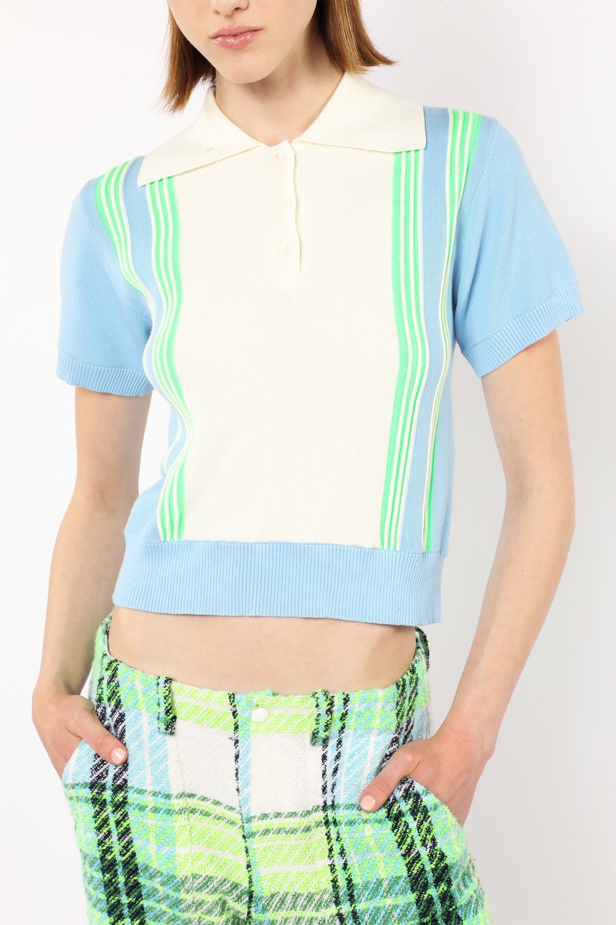 Amalfi Polo Knit Short Sleeve Top - Baby Blue | Anna Sui