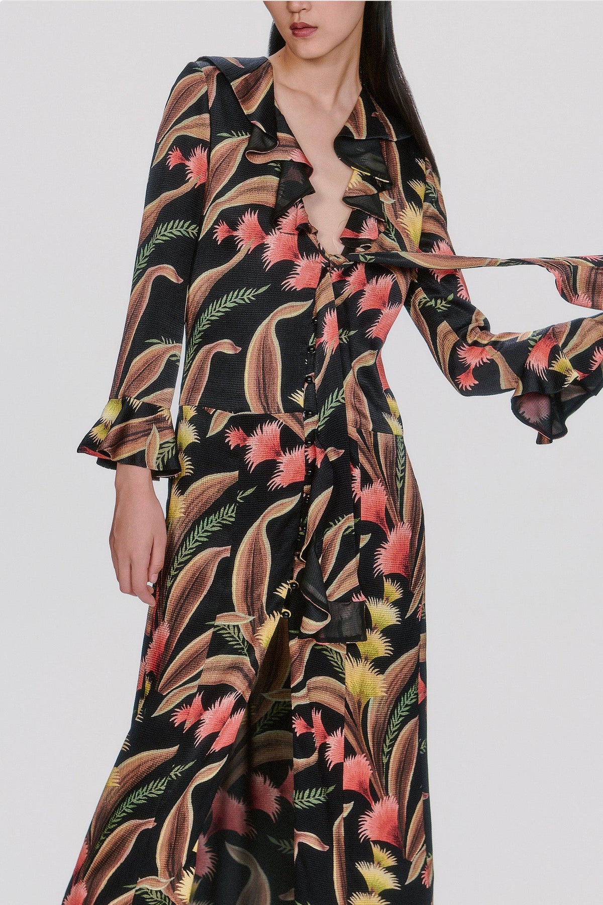 Feather Fern Crinkle Rayon Ruffle Tie Dress | Anna Sui