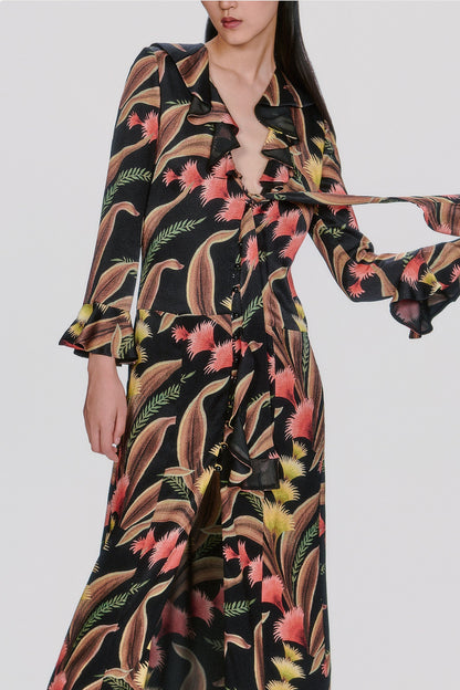 Feather Fern Crinkle Rayon Ruffle Tie Dress | Anna Sui