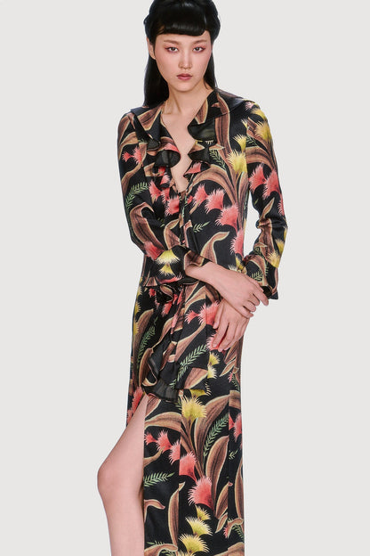 Feather Fern Crinkle Rayon Ruffle Tie Dress | Anna Sui