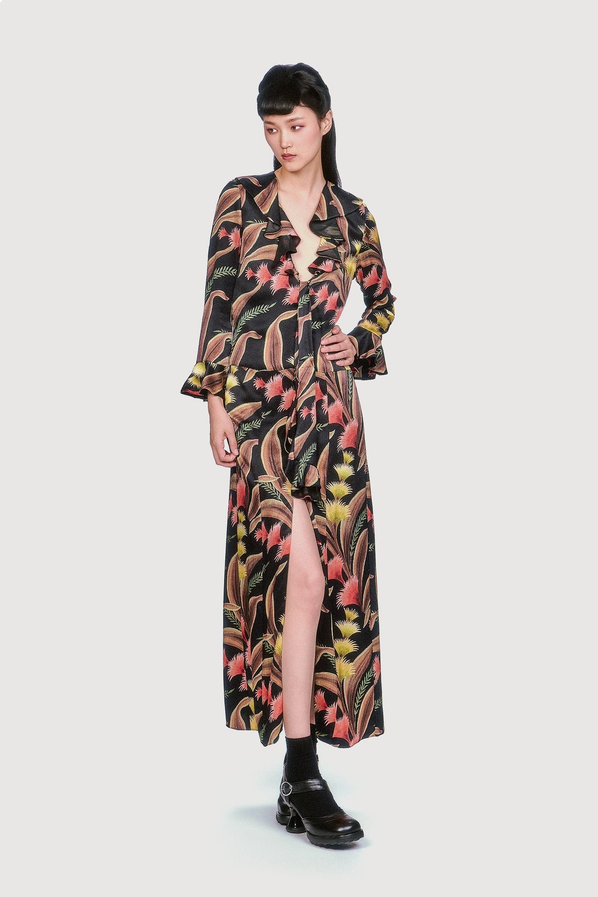 Feather Fern Crinkle Rayon Ruffle Tie Dress | Anna Sui