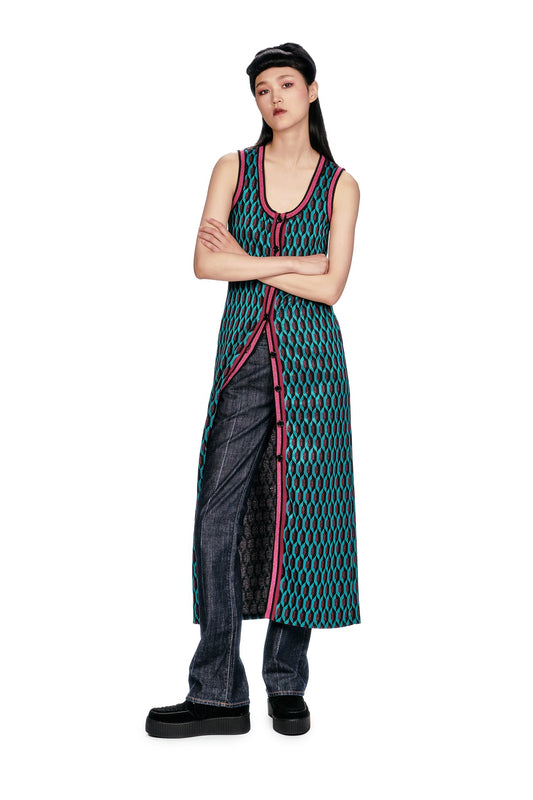 Glitter Geo Jacquard Long Vest | Anna Sui