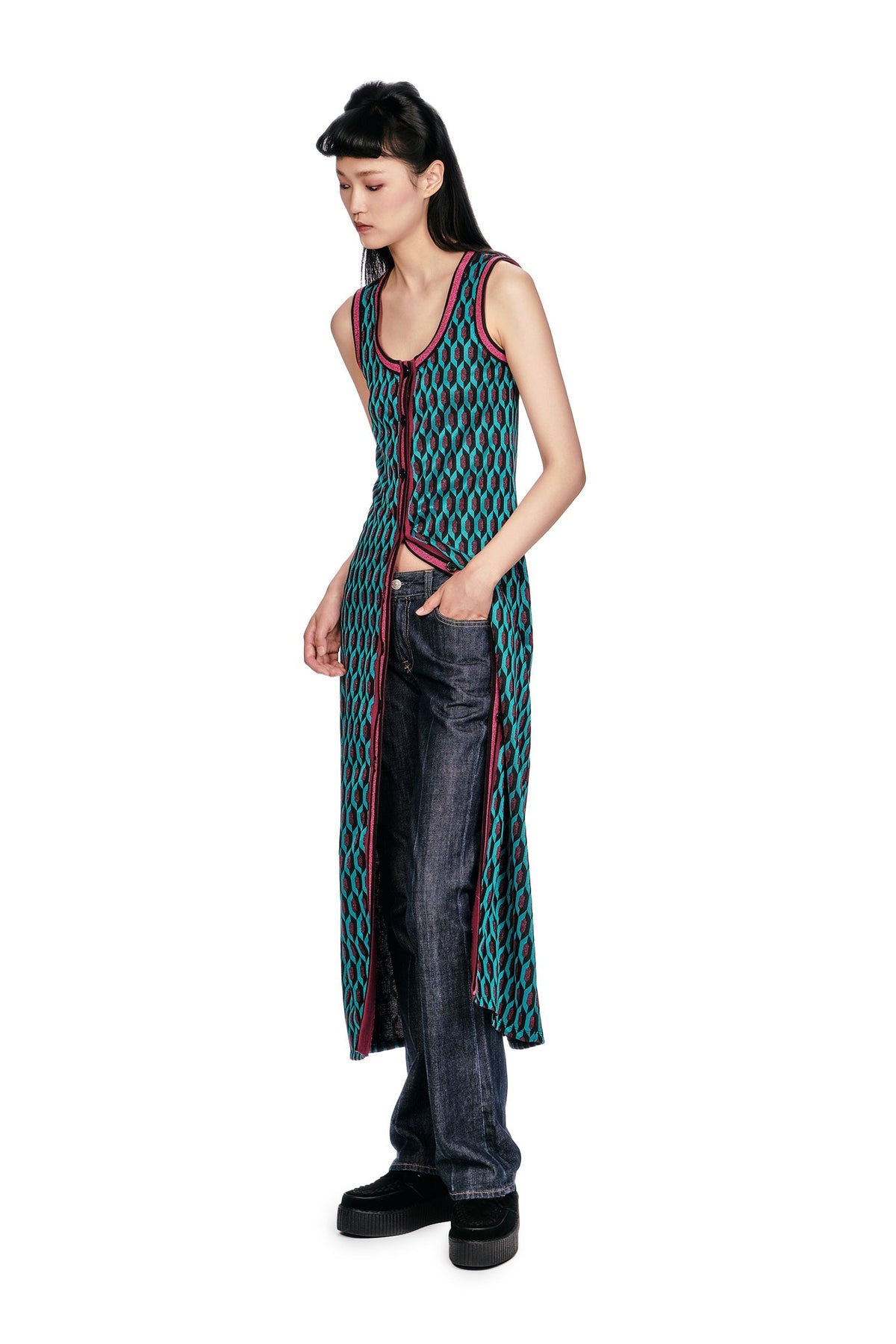 Glitter Geo Jacquard Long Vest | Anna Sui