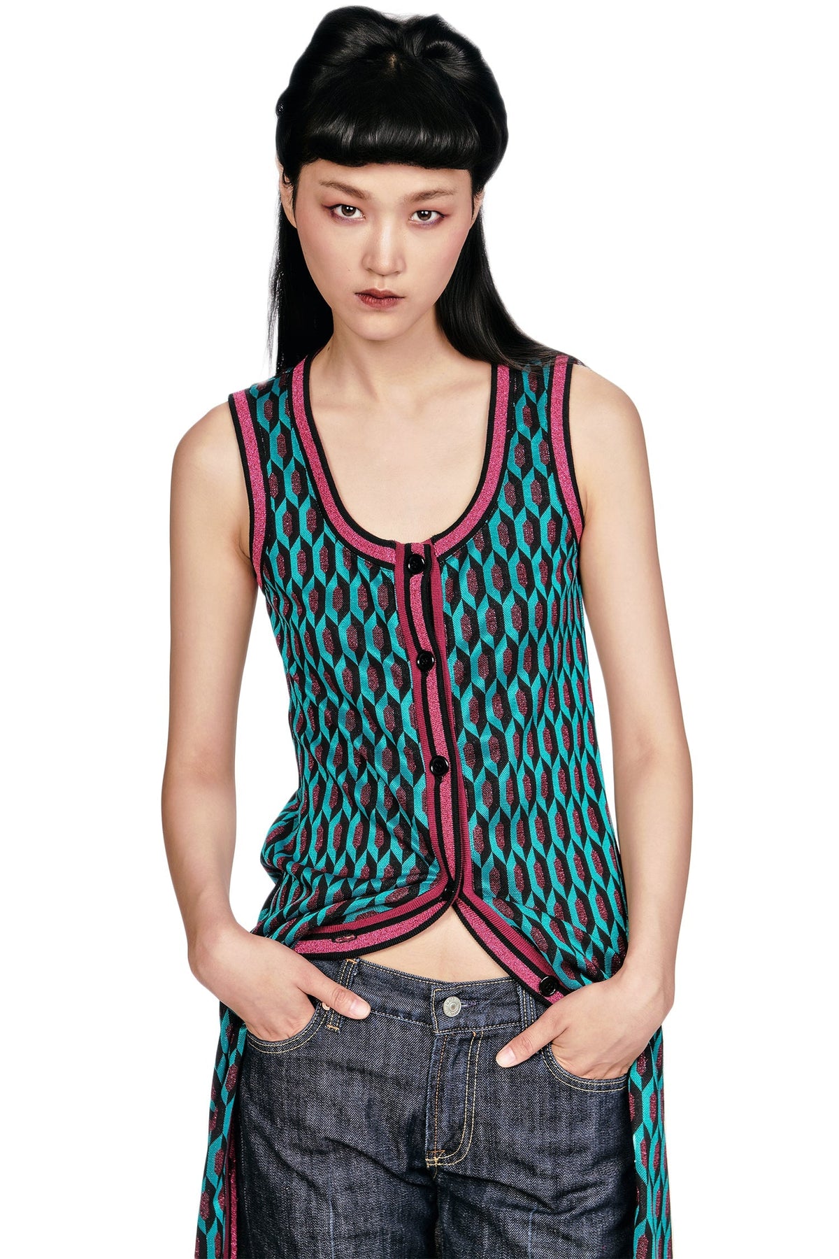 Glitter Geo Jacquard Long Vest | Anna Sui