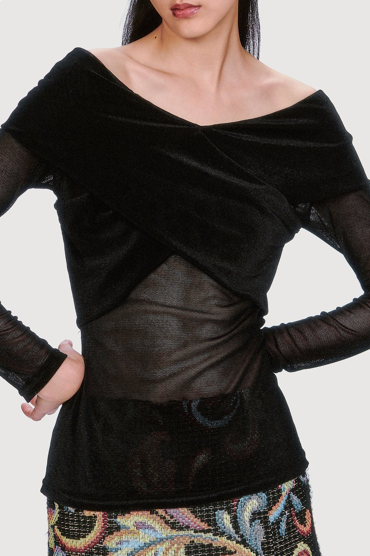 Velvet Mesh Off the Shoulder Top - Black | Anna Sui