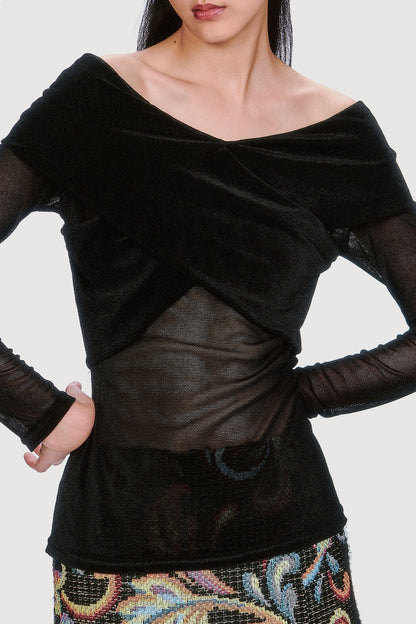 Velvet Mesh Off the Shoulder Top - Black | Anna Sui