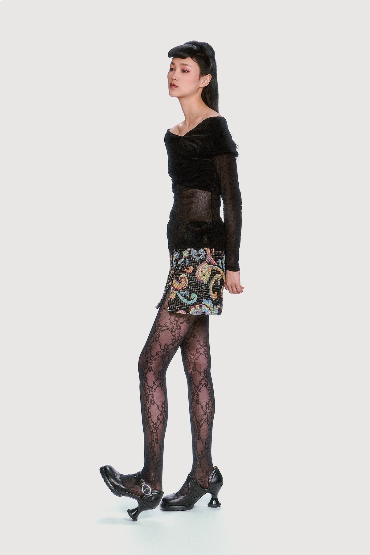 Velvet Mesh Off the Shoulder Top - Black | Anna Sui