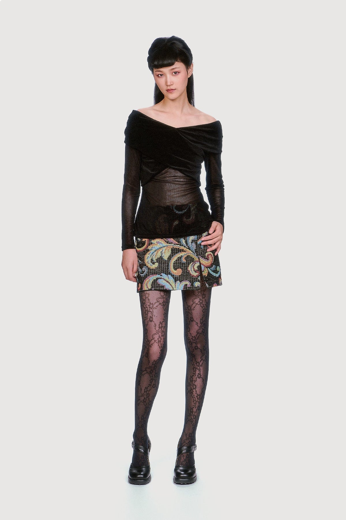 Velvet Mesh Off the Shoulder Top - Black | Anna Sui