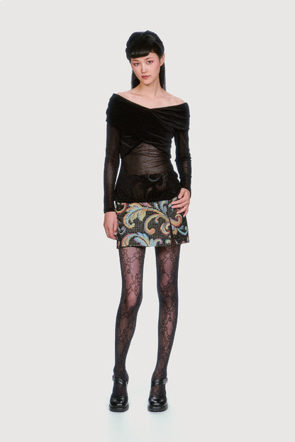 Velvet Mesh Off the Shoulder Top - Black | Anna Sui