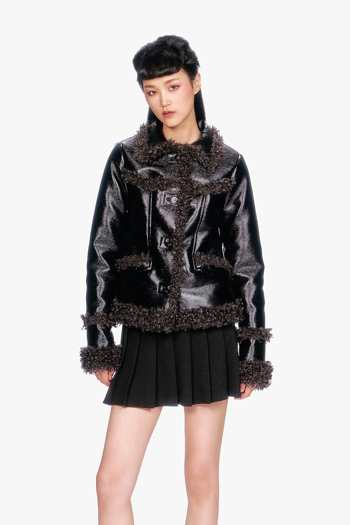 Faux Leather W/ Curly Lamb Trim Jacket | Anna Sui