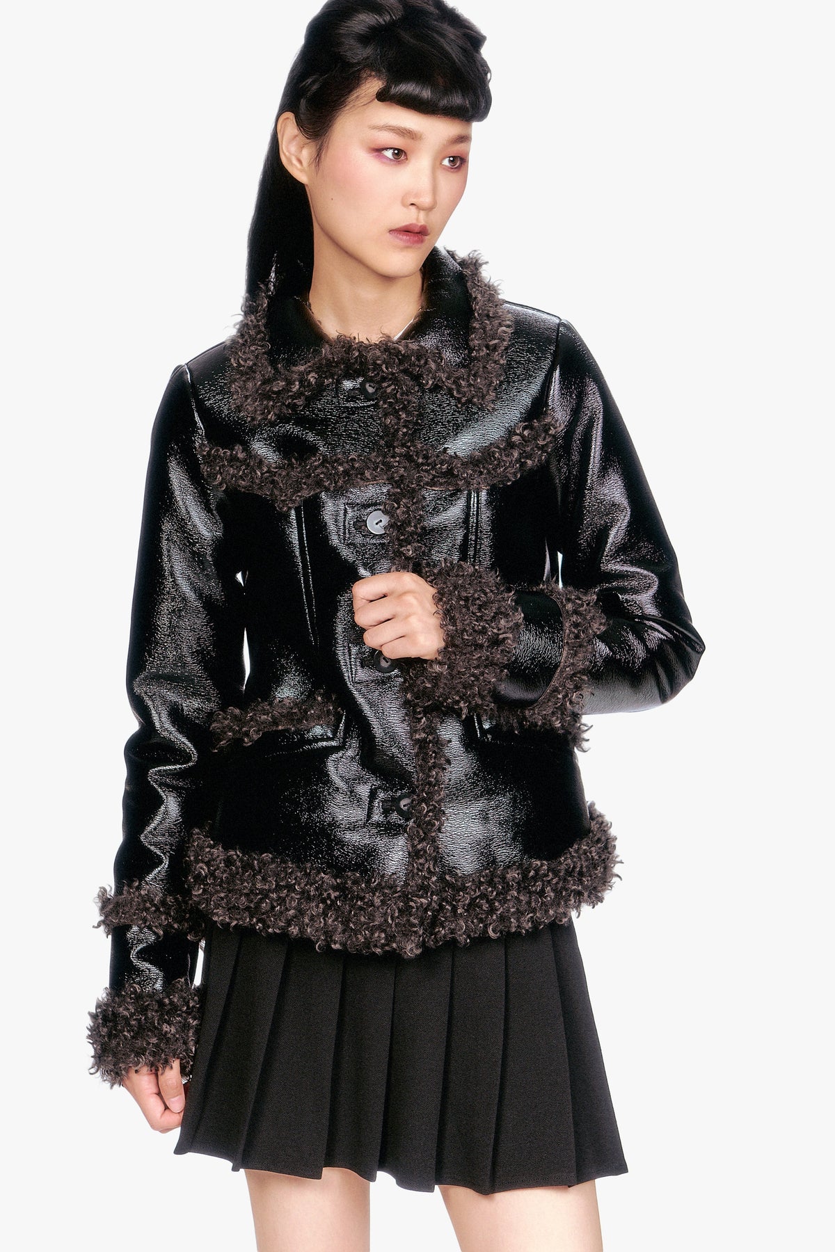 Faux Leather W/ Curly Lamb Trim Jacket | Anna Sui