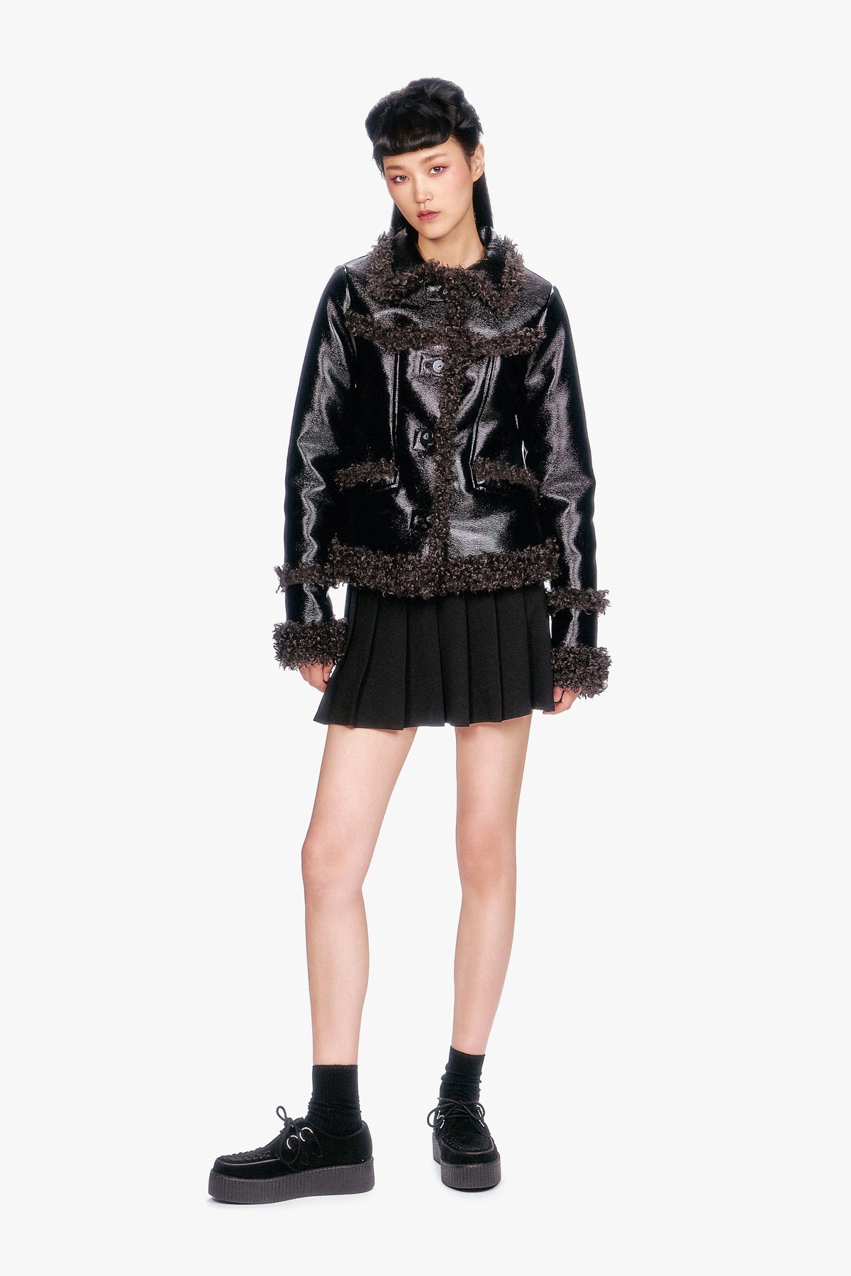 Faux Leather W/ Curly Lamb Trim Jacket | Anna Sui