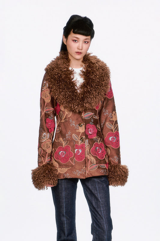 Poiret Rose Embroidered Faux Suede Faux Fur Trim Jacket | Anna Sui