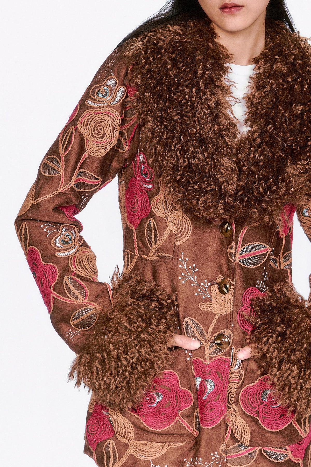 Poiret Rose Embroidered Faux Suede Faux Fur Trim Jacket | Anna Sui