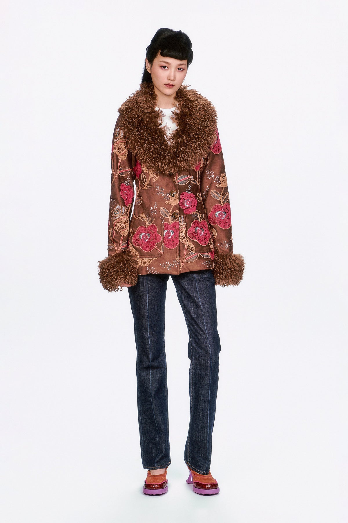 Poiret Rose Embroidered Faux Suede Faux Fur Trim Jacket | Anna Sui