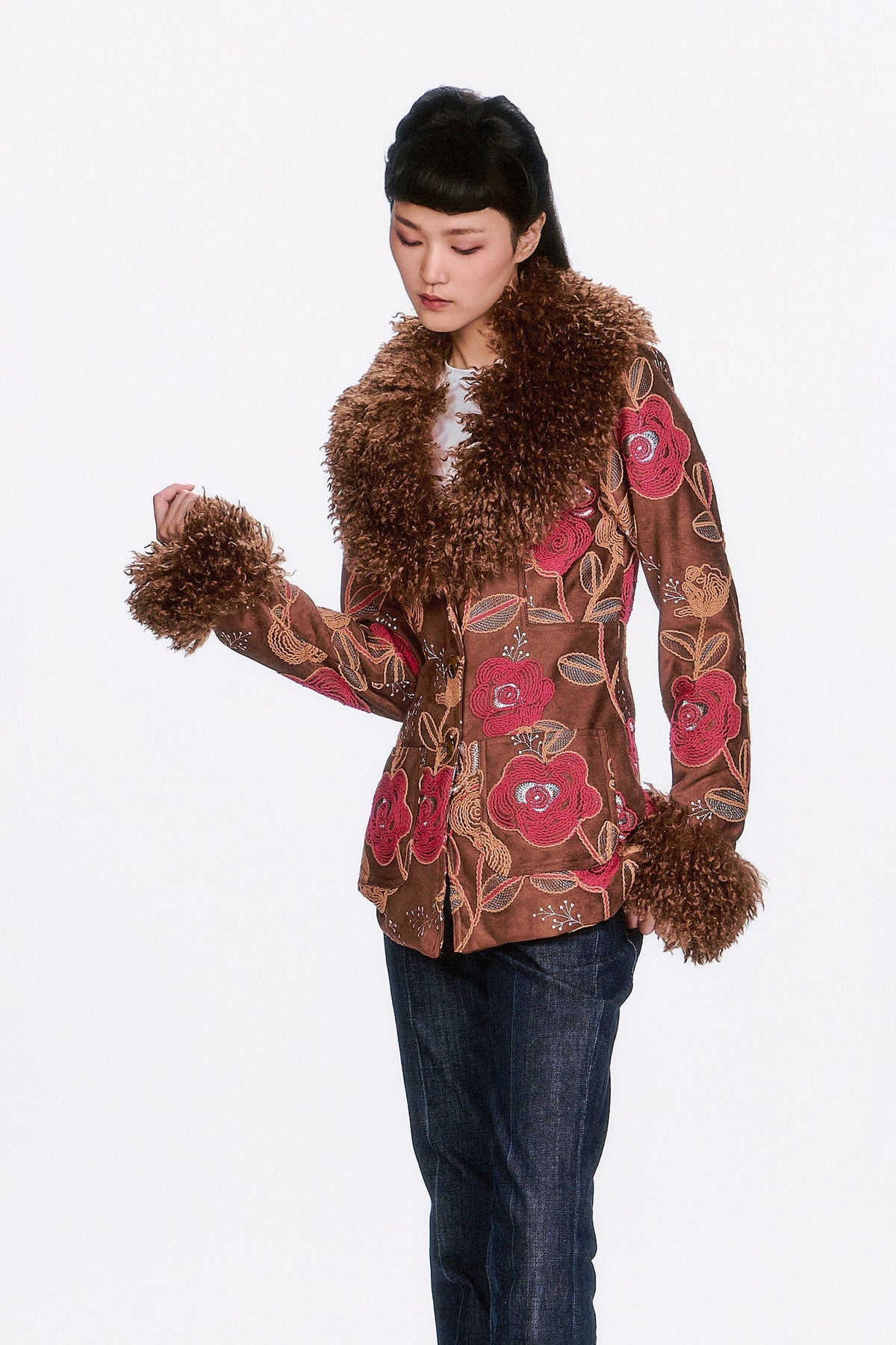 Poiret Rose Embroidered Faux Suede Faux Fur Trim Jacket | Anna Sui