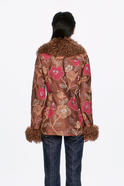 Poiret Rose Embroidered Faux Suede Faux Fur Trim Jacket | Anna Sui