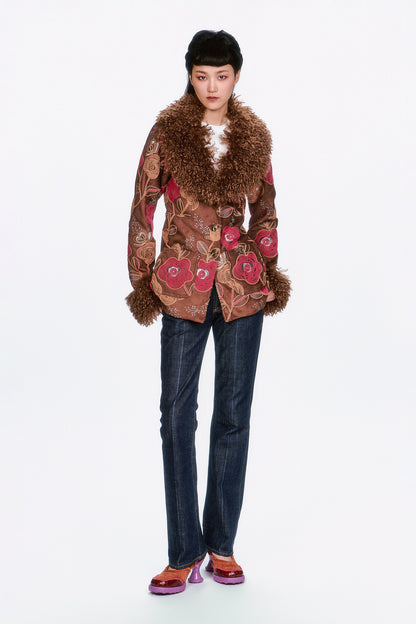 Poiret Rose Embroidered Faux Suede Faux Fur Trim Jacket | Anna Sui
