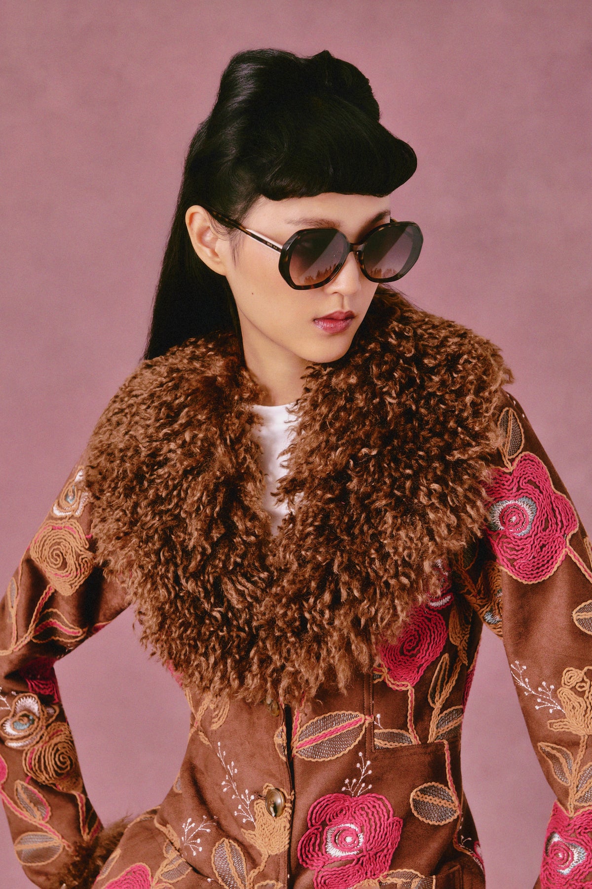 Poiret Rose Embroidered Faux Suede Faux Fur Trim Jacket | Anna Sui