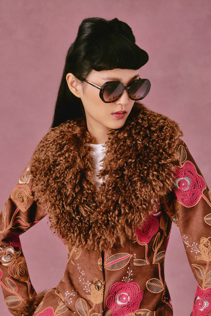 Poiret Rose Embroidered Faux Suede Faux Fur Trim Jacket | Anna Sui