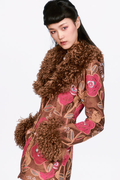 Poiret Rose Embroidered Faux Suede Faux Fur Trim Jacket | Anna Sui