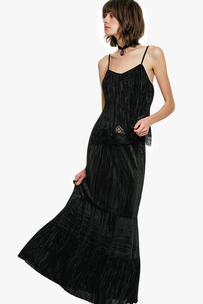 Plissé Tiered Maxi Skirt - Black | Anna Sui