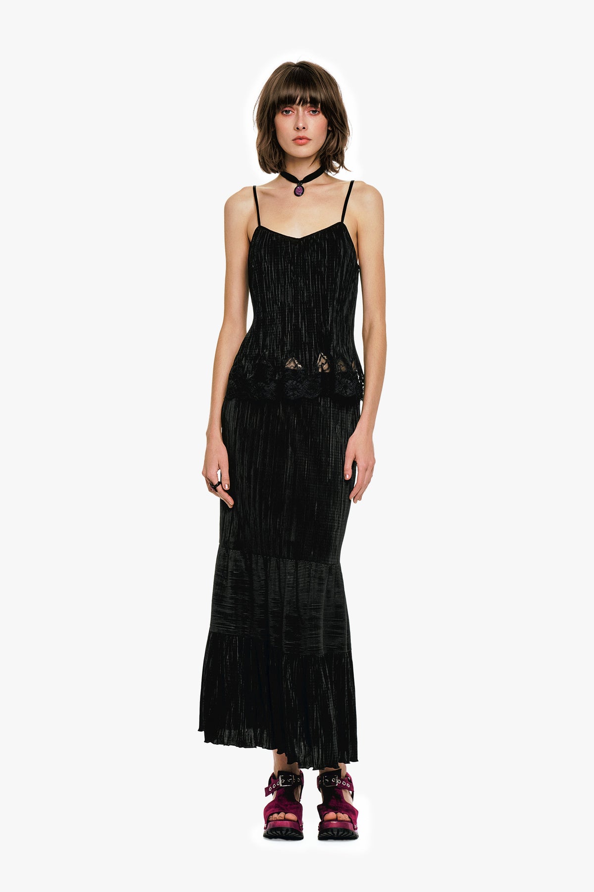 Plissé Tiered Maxi Skirt - Black | Anna Sui